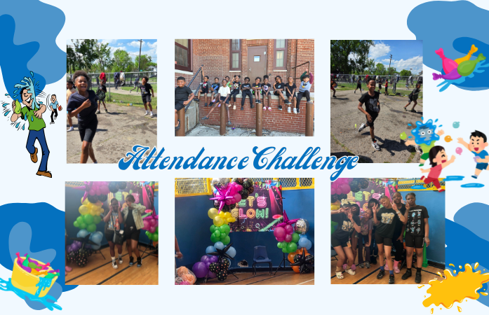 A collage with students outside ont the playgounf as well as in the gym